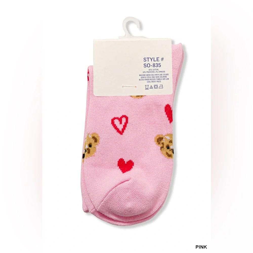 NWT Zenana White & Pink Teddy Bear Heart Crew Socks Cozy Cute Gift One Size
